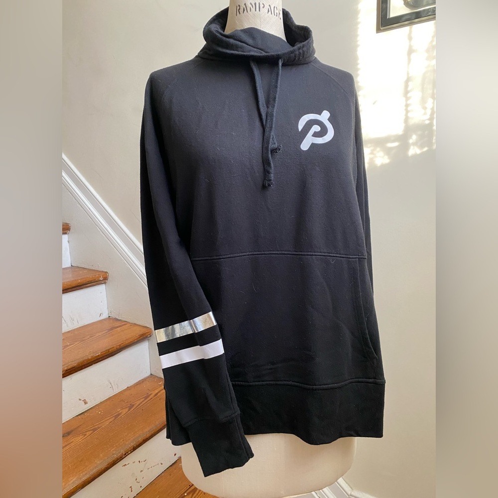 Peloton Legacy Cowl Neck Pullover Sweatshirt Black, Silver & White Stripe size S